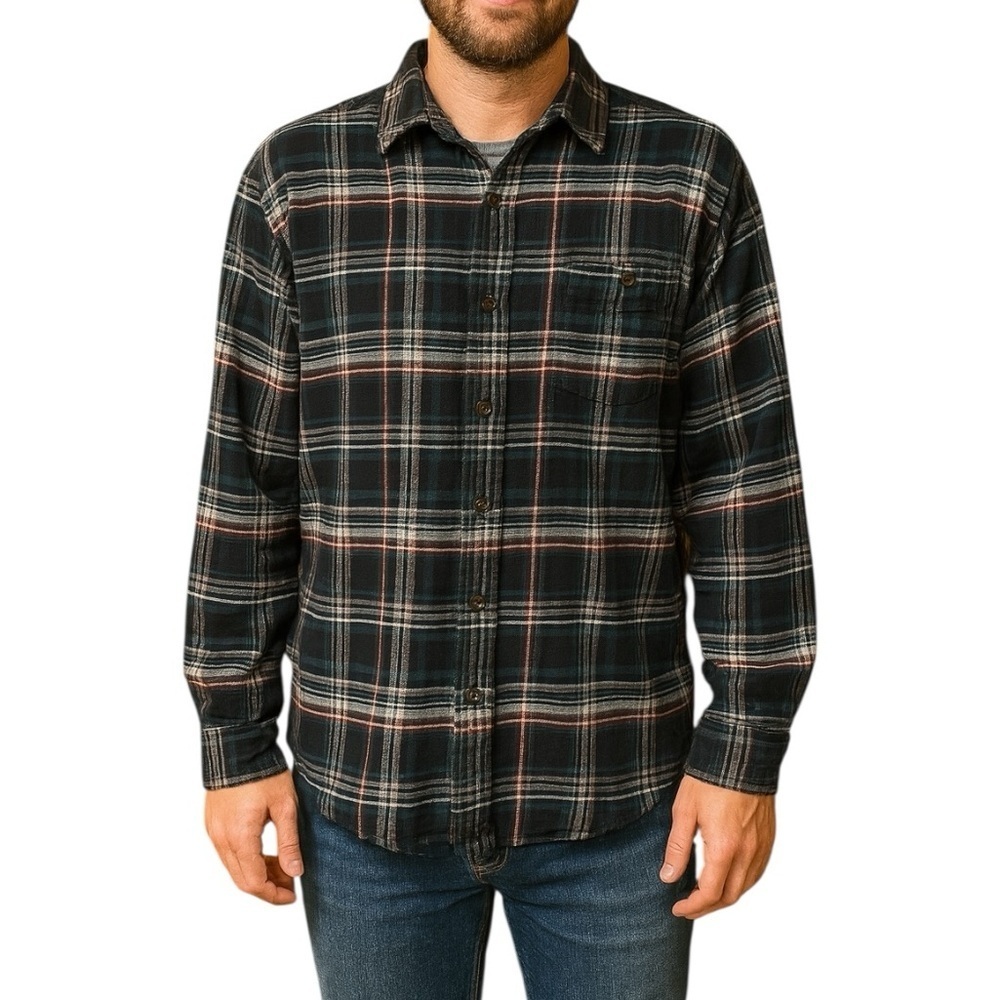 G.H. Bass Large Blue Green Plaid Button Front 100% Cotton Flannel